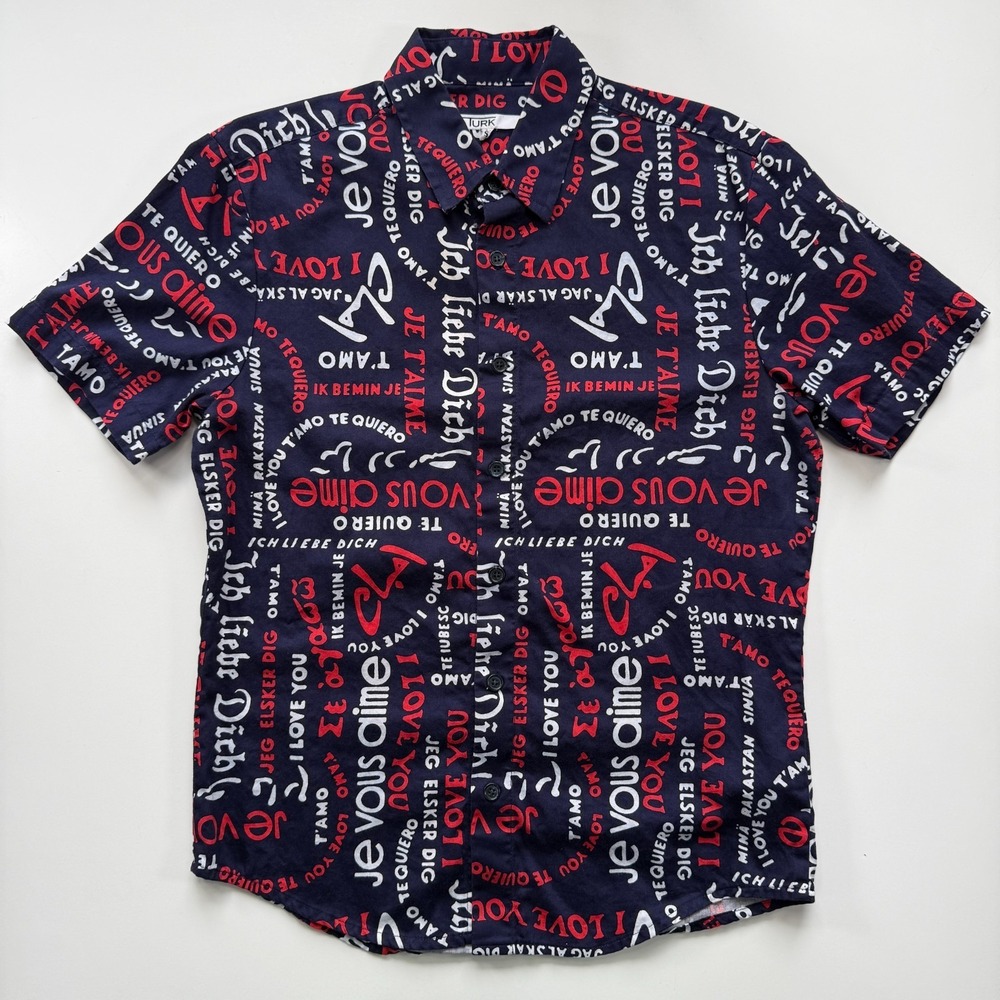 MR TURK Short Sleeve‎ Button Up Shirt Mens Small Te Amo "I Love You" Languages